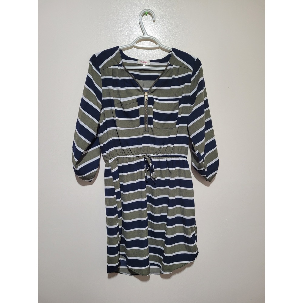 Stella Tweed Striped Zip Front Mini Dress Olive Navy Blue White Size Mediumβ